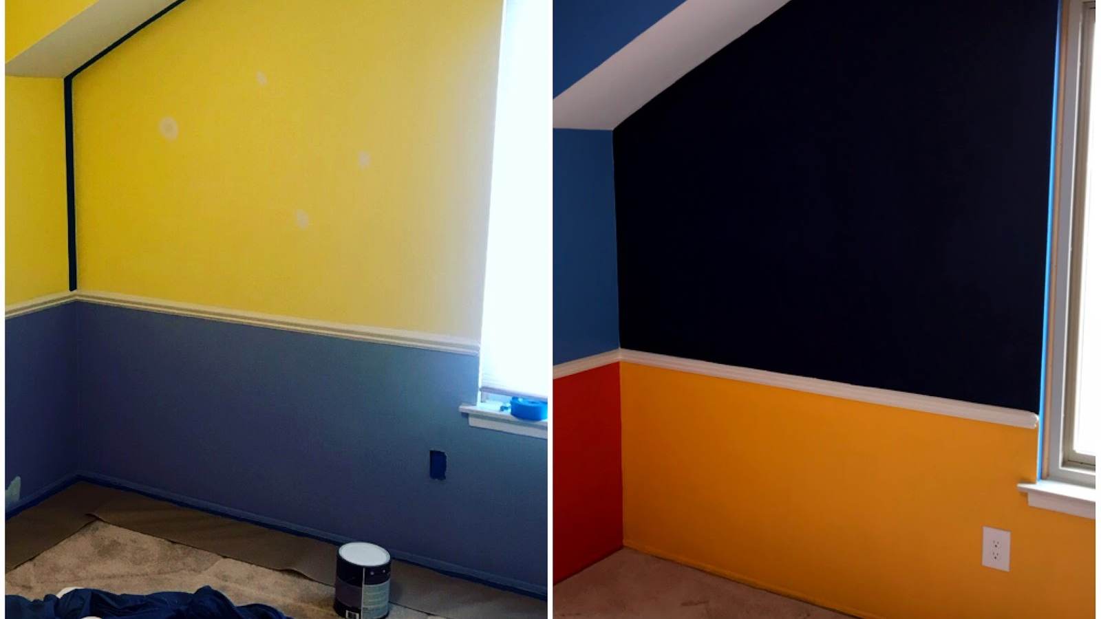 A split job photo showing a room prepared for painting beside the finished room with navy, blue, orange and red geometric walls.