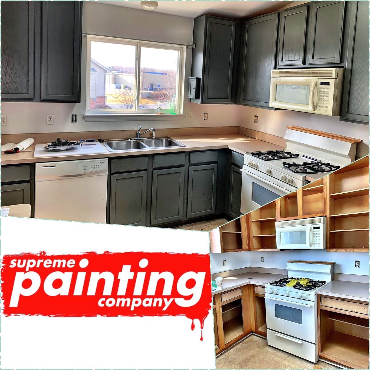 A branded Supreme Painting collage showing a kitchen before and after its cabinets were repainted charcoal gray.