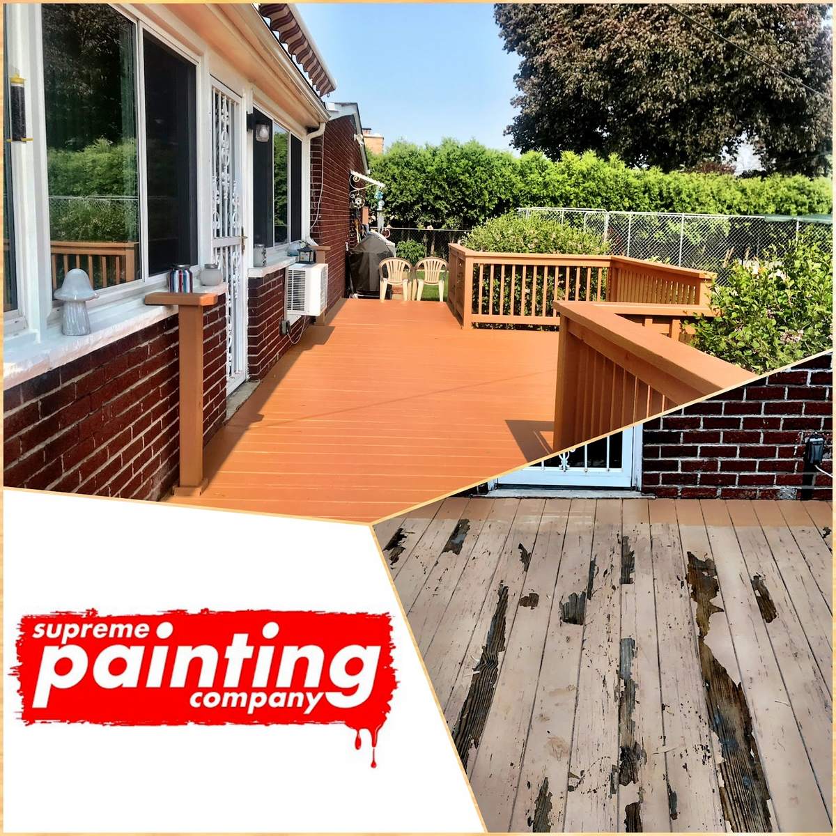 A branded Supreme Painting collage showing a badly weathered deck beside the repaired deck finished in a warm cedar colour.