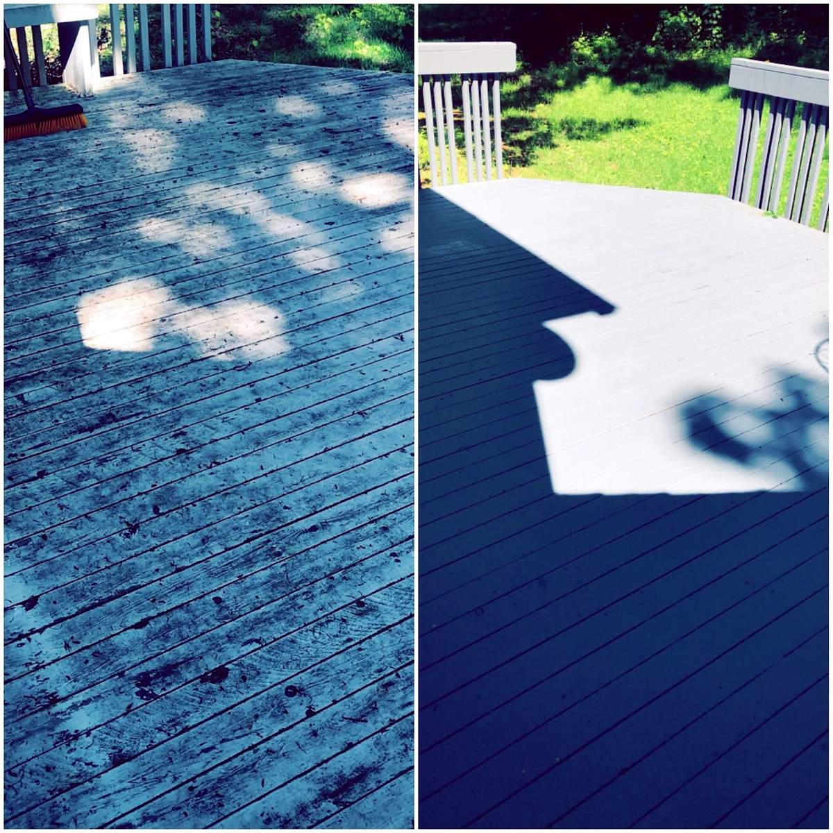 A split before-and-after photo of a weathered gray deck beside the same deck painted a light gray, including its railings.